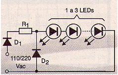 Figura 1 circuito para conectar 1 3 LEDs de alimentación red de 110 V o 220 V.
Figura 1 circuito para conectar 1 3 LEDs de alimentación red de 110 V o 220 V.