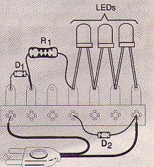 Figura 2 – montaje del circuito sobre un pequeño puente. Los ánodos deben estar en el lado izquierdo.
Figura 2 – montaje del circuito sobre un pequeño puente. Los ánodos deben estar en el lado izquierdo.