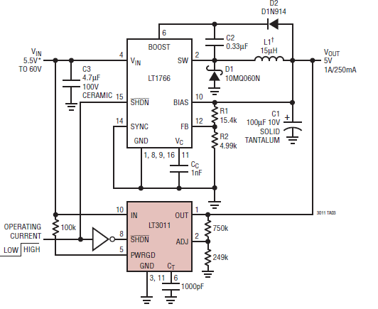 Circuito de 5 V con una capacidad de 1 A.
Circuito de 5 V con una capacidad de 1 A.