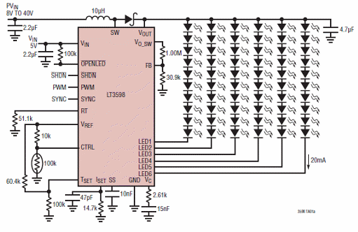 Circuito conductor para 60 LED con 90% de eficiencia utilizando el LT3598 de Linear Technology.
Circuito conductor para 60 LED con 90% de eficiencia utilizando el LT3598 de Linear Technology.