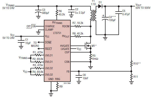 Regulador de 18 A con salida hasta 500 V sugerido por la Linear Technology.
Regulador de 18 A con salida hasta 500 V sugerido por la Linear Technology.
