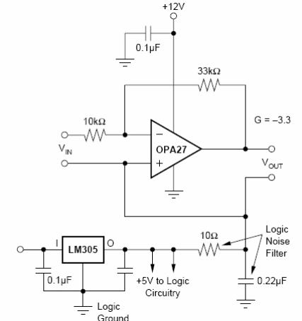 Figura 5 - En los circuitos que tienen una fuente lógica de 5 V, se puede utilizar para proporcionar la tensión de referencia, como se indica en esta figura.
Figura 5 - En los circuitos que tienen una fuente lógica de 5 V, se puede utilizar para proporcionar la tensión de referencia, como se indica en esta figura.