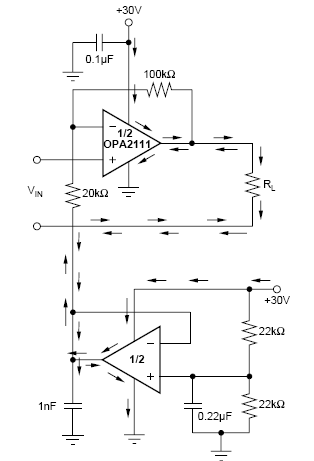 Figura 6 -: Amplificador operacional de búfer utilizado para proporcionar un trío flotante de baja impedancia.
Figura 6 -: Amplificador operacional de búfer utilizado para proporcionar un trío flotante de baja impedancia.