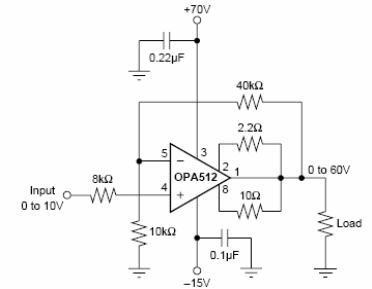 Figura 7 - Configuración con fuente de dos tensiones no balanceadas para amplificadores operativos alimentados por alta tensión.
Figura 7 - Configuración con fuente de dos tensiones no balanceadas para amplificadores operativos alimentados por alta tensión.