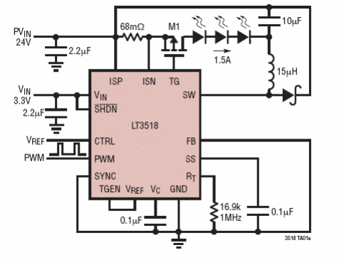Figura 1 - Controlador de LED de 2,3 A utilizando el LT3518 de Linear Technology.
Figura 1 - Controlador de LED de 2,3 A utilizando el LT3518 de Linear Technology.