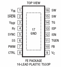 Figura 2 – Pinos del circuito integrado LT3518 utilizado en el proyecto.
Figura 2 – Pinos del circuito integrado LT3518 utilizado en el proyecto.