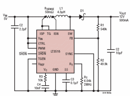 Figura 3 - Convertidor de impulso con salida de 12 V x 500 mA desde la entrada de 5 V.
Figura 3 - Convertidor de impulso con salida de 12 V x 500 mA desde la entrada de 5 V.