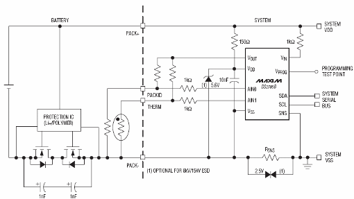 Figura 4 - Circuito medidor de carga con el DS2786B de Maxim.
Figura 4 - Circuito medidor de carga con el DS2786B de Maxim.