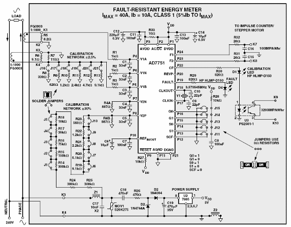Figura 1 - Diagrama completo del medidor de consumo de energía de Analog Devices con el AD7751.
Figura 1 - Diagrama completo del medidor de consumo de energía de Analog Devices con el AD7751.