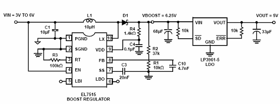 Figura 1- Fuente de 5 V USB utilizando un regulador de impulsión y un LDO.
Figura 1- Fuente de 5 V USB utilizando un regulador de impulsión y un LDO.