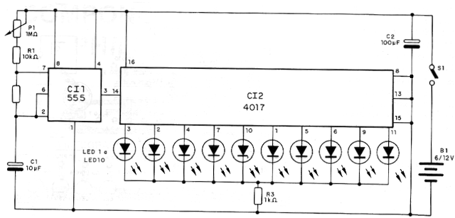 Diagrama del secuencial de LED.
Diagrama del secuencial de LED.