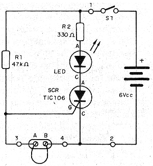 Figura 1 - Diagrama completo de la alarma simple con SCR.
Figura 1 - Diagrama completo de la alarma simple con SCR.