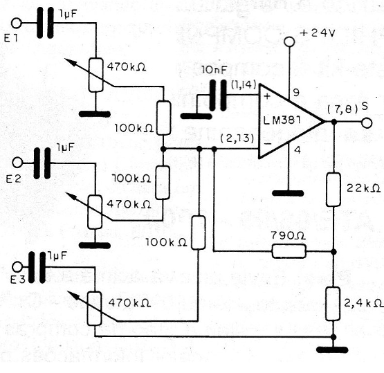 Figura 2 - Mezclador de 3 entradas con el LM381
Figura 2 - Mezclador de 3 entradas con el LM381