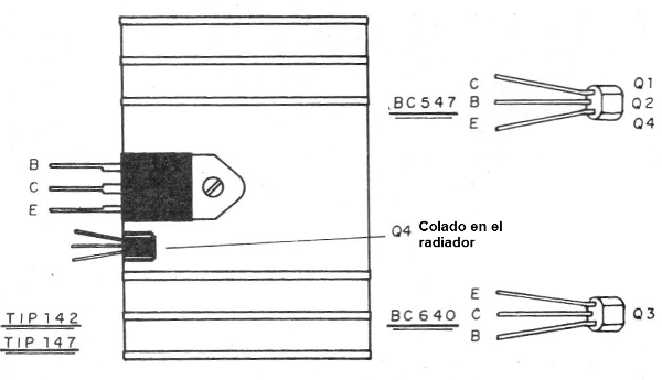 Figura 6 - Montaje de los transistores en el disipador
Figura 6 - Montaje de los transistores en el disipador