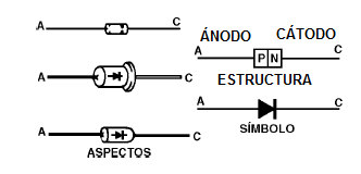 Figura 44 – Diodos, aspectos, estructura y símbolo
Figura 44 – Diodos, aspectos, estructura y símbolo