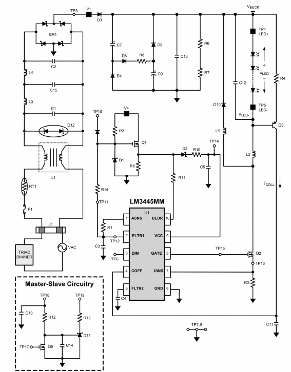 Figura 5 - Circuito práctico suministrado por Texas Instruments para el LM3445MM
Figura 5 - Circuito práctico suministrado por Texas Instruments para el LM3445MM