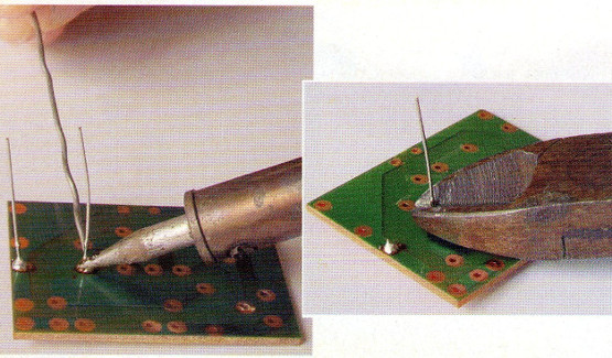 Figura 4 - Encajando los componentes, soldando y luego cortando los excesos de los terminales.
Figura 4 - Encajando los componentes, soldando y luego cortando los excesos de los terminales.