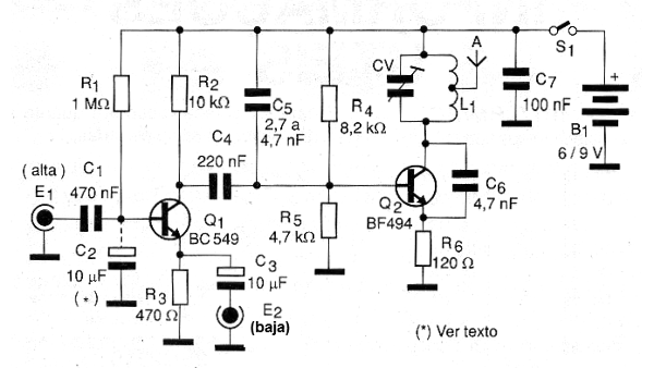 Figura 1 - Diagrama completo del transmisor para guitarra.
Figura 1 - Diagrama completo del transmisor para guitarra.