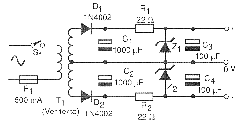 Figura 2 - Fuente simétrica con regulación por diodo zener.
Figura 2 - Fuente simétrica con regulación por diodo zener.