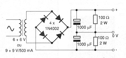 Figura 3 - Fuente simétrica utilizando un transformador con secundario simple.
Figura 3 - Fuente simétrica utilizando un transformador con secundario simple.