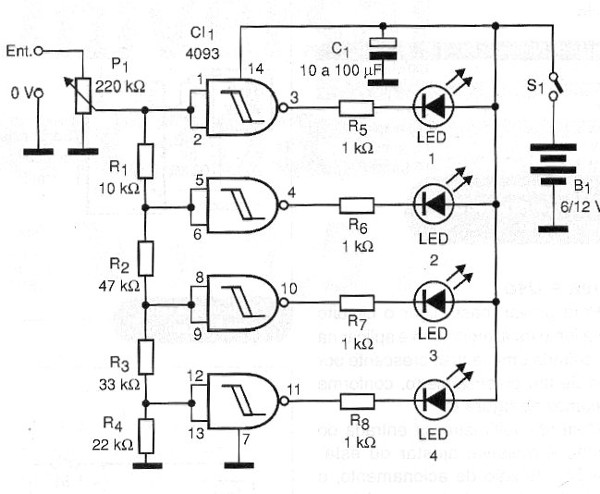 Figura 2 - Diagrama completo del Bargraph con 4 LED. Se pueden conectar más LEDs, añadiéndose integrados.
Figura 2 - Diagrama completo del Bargraph con 4 LED. Se pueden conectar más LEDs, añadiéndose integrados.