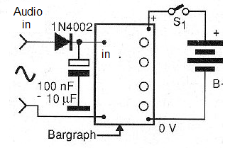 Figura 7 - Uso del circuito como indicador de nivel sonoro (Vu-meter)
Figura 7 - Uso del circuito como indicador de nivel sonoro (Vu-meter)