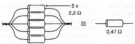 Figura 4 – Obtención de un resistor de bajo valor y alta disipación de los resistores comunes.
Figura 4 – Obtención de un resistor de bajo valor y alta disipación de los resistores comunes.