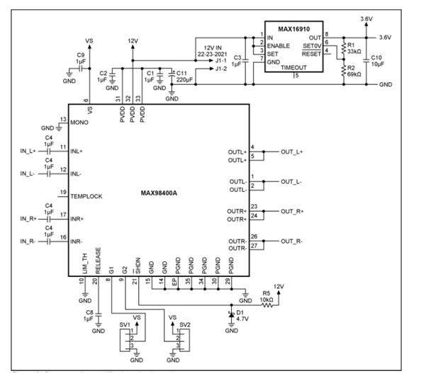 Figura 2 - Amplificador de clase D MAX98400A utilizado en el proyecto.
Figura 2 - Amplificador de clase D MAX98400A utilizado en el proyecto.