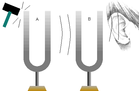 Figura 1- Tocando una cuerda de una guitarra la correspondiente del otro también vibra.
Figura 1- Tocando una cuerda de una guitarra la correspondiente del otro también vibra.