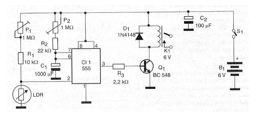 Figura 3 - Diagrama completo del mando a distancia. En el diagrama el relé representado es de dos contactos sólo, pero se pueden utilizar otros tipos.
Figura 3 - Diagrama completo del mando a distancia. En el diagrama el relé representado es de dos contactos sólo, pero se pueden utilizar otros tipos.