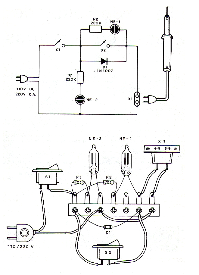 Figura 1 - Circuito y montaje del reductor de temperatura para hierro de soldar.
Figura 1 - Circuito y montaje del reductor de temperatura para hierro de soldar.
