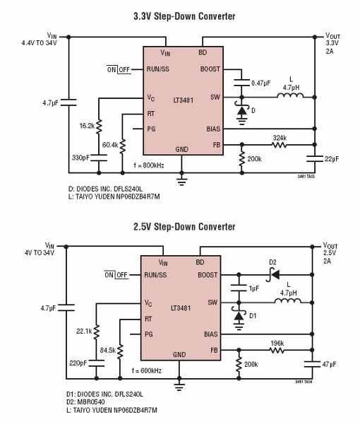 Figura 5 - Circuitos con salidas de 3,3 V y 2,5 V empleando el LT3481.
Figura 5 - Circuitos con salidas de 3,3 V y 2,5 V empleando el LT3481.