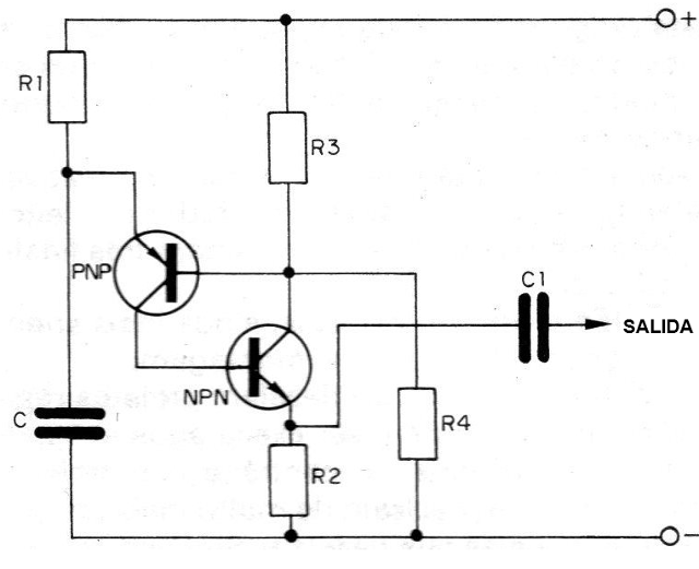 Figura 1 - Oscilador de relajación con transistores
Figura 1 - Oscilador de relajación con transistores