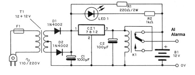Fig. 8 - Cargador permanente para la alarma - circuito 3.
Fig. 8 - Cargador permanente para la alarma - circuito 3.