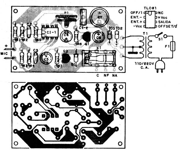 Placa de circuito impresso y pins del TL081
Placa de circuito impresso y pins del TL081