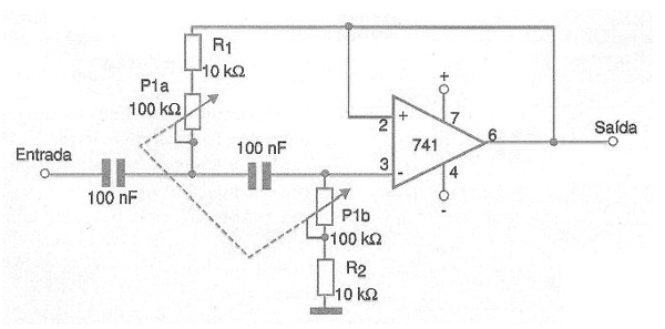 Figura 5 - Filtro con ajuste de frecuencia usando un amplificador operacional 741.
Figura 5 - Filtro con ajuste de frecuencia usando un amplificador operacional 741.