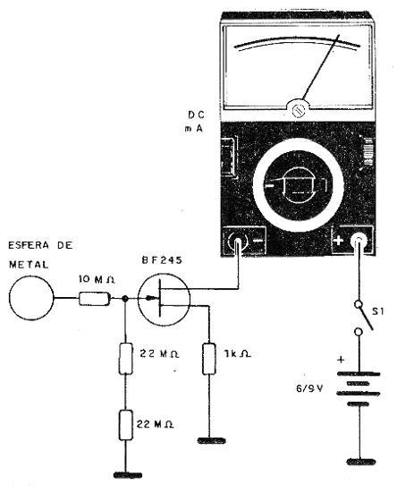 Electroscópio simples con un transistor de efecto de campo.
Electroscópio simples con un transistor de efecto de campo.