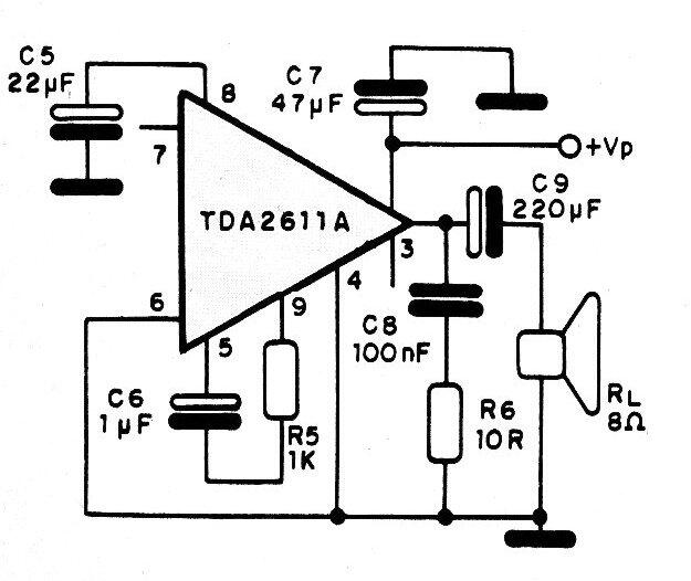 Amplificador de 5 W con el TDA2811A
Amplificador de 5 W con el TDA2811A