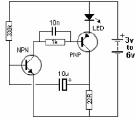 Luz intermitente LED con dos transistores 1
Luz intermitente LED con dos transistores 1