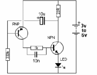 Intermitente LED con dos transistores 2
Intermitente LED con dos transistores 2