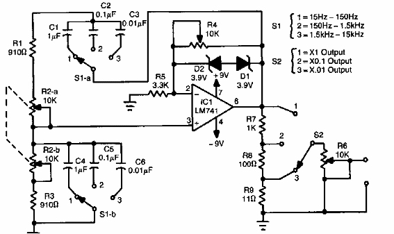 Generador de 3 décadas de 15 Hz a 15 kHz
Generador de 3 décadas de 15 Hz a 15 kHz