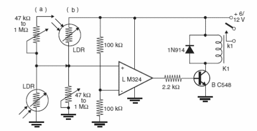 Relé de luces o sombras con LM324
Relé de luces o sombras con LM324