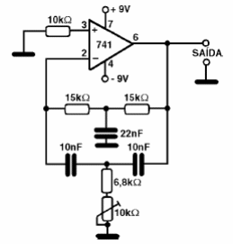 Oscilador doble T de 1 kHz con 741
Oscilador doble T de 1 kHz con 741