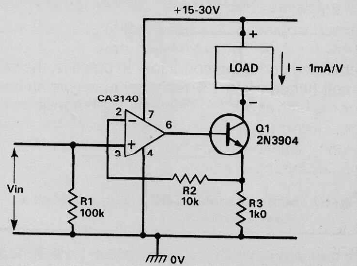 Convertidor de voltaje a corriente de precisión con el CA3140
Convertidor de voltaje a corriente de precisión con el CA3140