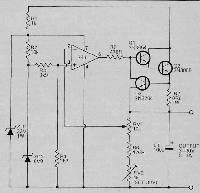 Fuente de alimentación 3 a 30 V x 1 A con protección con el 741
Fuente de alimentación 3 a 30 V x 1 A con protección con el 741