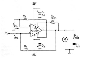Controlador de motor de 2,5 A con operacional
Controlador de motor de 2,5 A con operacional