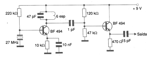 Oscilador de 27 MHz (2 transistores)
Oscilador de 27 MHz (2 transistores)