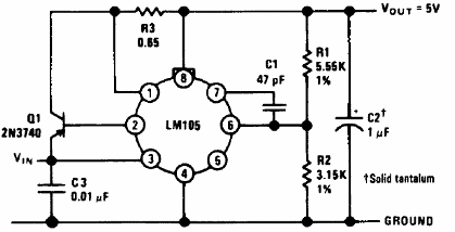 Regulador de 5 V x 200 mA con el LM105
Regulador de 5 V x 200 mA con el LM105