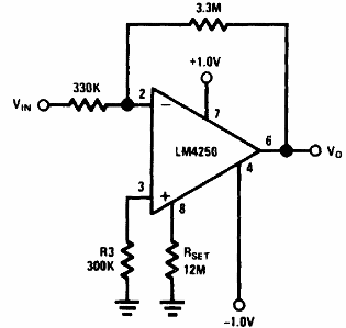 Amplificador de 500 nW con el LM4250
Amplificador de 500 nW con el LM4250