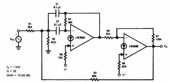 Filtro pasa banda de 1 kHz con dos LM3900
Filtro pasa banda de 1 kHz con dos LM3900